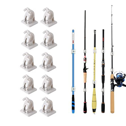 Wall Mounted Rod Clips - 10Pcs Fishing Pole/Cue/Curtain Rod Holder Clips Storage Rack - color: White