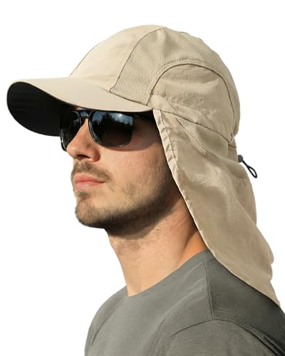 Mens Sun Hat with Breathable Mesh Sun Hats for Men Sun Protection Fishing Hat with Neck Flap for Hiking Cycling - color: Brown Khaki