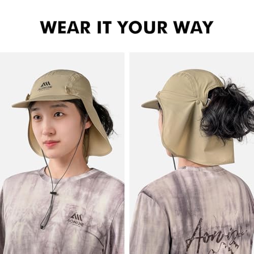 AONIJIE Sun Hat with Removable Neck Flap for Men & Women - Breathable Mesh Fishing Hat, Lightweight Hiking Sun Cap - color: Khaki