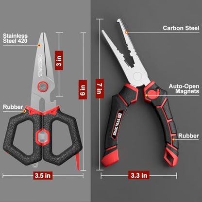 SNAIL TRAIL 7" Fishing Pliers & 6" Scissors Kit, Saltwater Hook Remover Tool Set, Serrated Blades Braided Line Cutter, Needle Nose Split Ring Fish Gear, Crimping Nipper for Fly, Fishing Gifts for Men