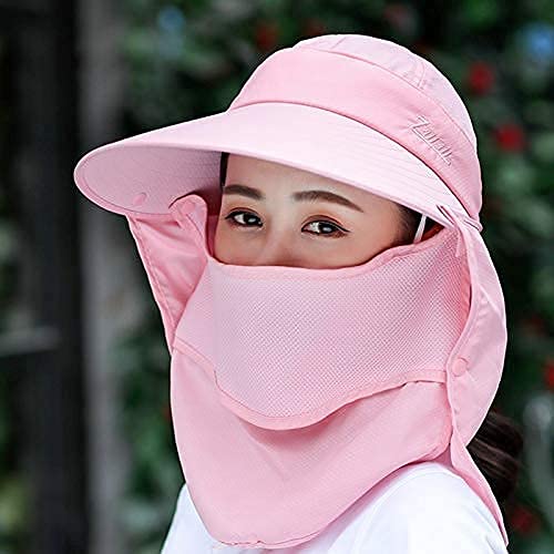 Women Wide Brim Face Mask Sun Hat Detachable Neck Face Flap Ponytail UV Protection Visor Hat Garden Fishing Hiking - color: A3-shun005-fense