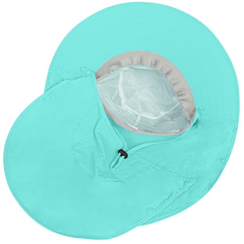 Rosoz Sun Hat for Men Women with Neck Flap,Wide Brim UPF50+ Fishing Hat with Detachable Face Cover Outdoor Sun Protection Hat - color: 1pack-aqua