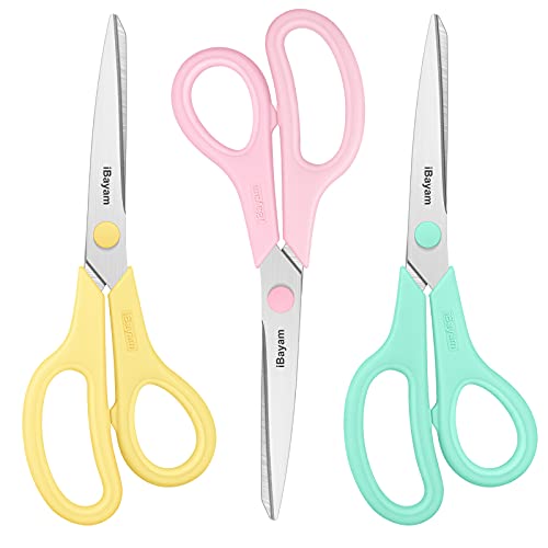 iBayam 8.5" All Purpose Yellow Pink Teal Scissors for School Office Teacher | 2.5mm Thick Blade Shears | Soft Comfort-grip | Left/Right Handed | Cute Office School Teacher Supplies | Home Sewing Fabric - color: Yellow, Pink, Green, size: 3-Pack