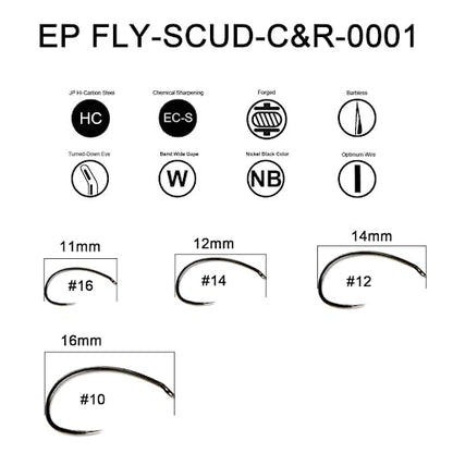 Eupheng Fly Fishing Hooks 100pc Pack Barbless Catch & Release Dry Wet Nymph Shrimp&Pupa, Streamer, Caddis, Jig, Scud Flies Fishing Hooks - color: EP Fly-C&R-SCUD-0001, size: #10