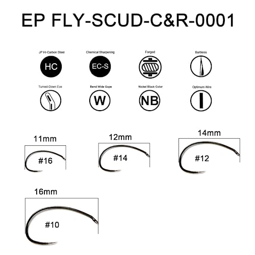 Eupheng Fly Fishing Hooks 100pc Pack Barbless Catch & Release Dry Wet Nymph Shrimp&Pupa, Streamer, Caddis, Jig, Scud Flies Fishing Hooks - color: EP Fly-C&R-SCUD-0001, size: #14
