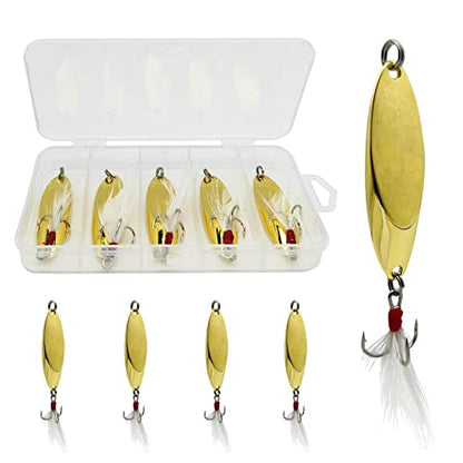 Fishing Spoons Fishing Lures Casting Spoon Metal Jig Lure Trout Lures for Freshwater/Saltwater, Reflective Spoons Bait with Treble Hooks Fishing Tackle 5 Pcs - color: Golden (5pcs), size: 3/8oz