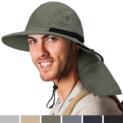 SUN CUBE UPF50+ Sun Hat for Men Women with Neck Flap, Wide Brim UV Protection Fishing Safari Hat for Hiking Beach Gardening - color: Olive