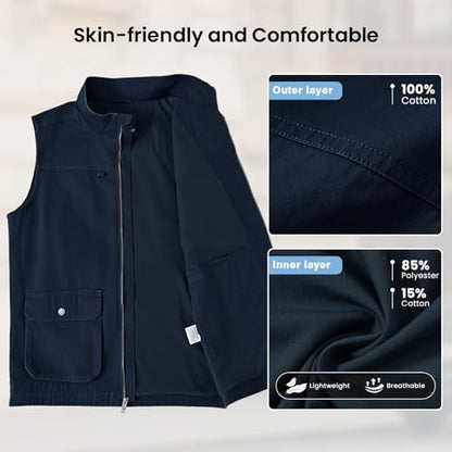 TBMPOY Men's Lightweight Vest Cotton Stylish Sleeveless Travel Casual Work Canvas Outerwear Utility Jacket Fishing Hiking - color: Navy, size: Large