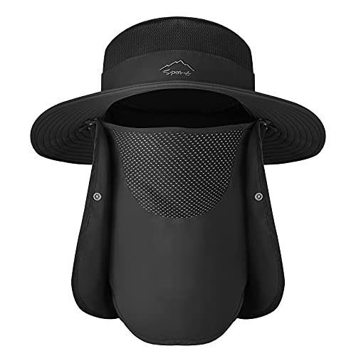 Sun Hats for Men Women, UPF 50+ Waterproof Bucket Hat, Wide Brim Fishing Hat with Removable Face Cover & Neck Flap - color: Black