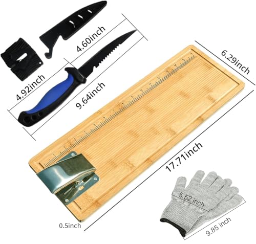 18" Bamboo Fish Cleaning Board Kit Anti-slip Fish Cutting Board Set Fish Filet Board with Scale Fish Measure Board Include Fish Fillet Knife, Clamp, Sharpener,Gloves, Fisherman Gifts