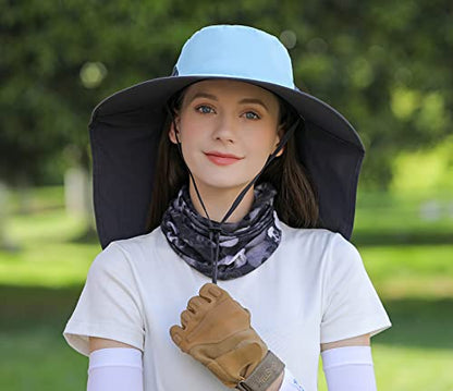 HUAMULAN Women Large Brim Sun Hat with Neck Flap, Men Quick Dry Hiking Fishing Safari Hat UPF 50+ - color: Hyp011-blue