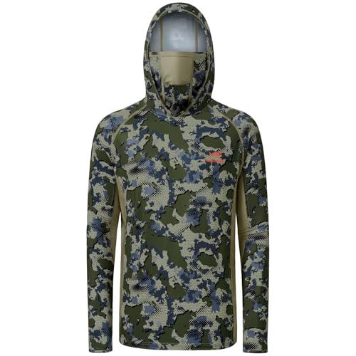 BASSDASH Men's UPF 50+ Camo Long Sleeve Hunting Fishing Hoodie Shirt - color: Green Vegetation Camo With Light Fawn Mesh, size: Medium
