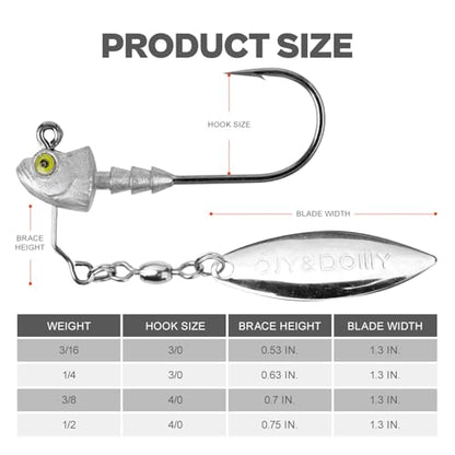 6-Pack Underspin Jig Heads with 100% Brass Blade (Never Rust) - 3/16oz, 1/4oz, 3/8oz, 1/2oz - Bass & Saltwater Fishing - color: Raw, size: 1/2oz