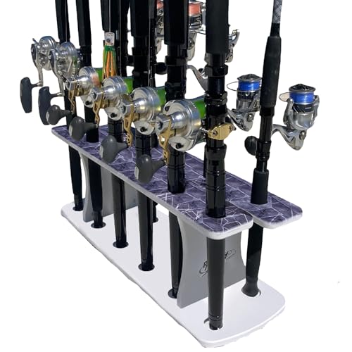 Rush Creek Creations Reel Salty Gray/White/Blue 11-Rod Marine Grade Fishing Rod Holder - Bi-Level Design, UV-Resistant, 100% Waterproof for Garage and Dock - size: 11-Rod