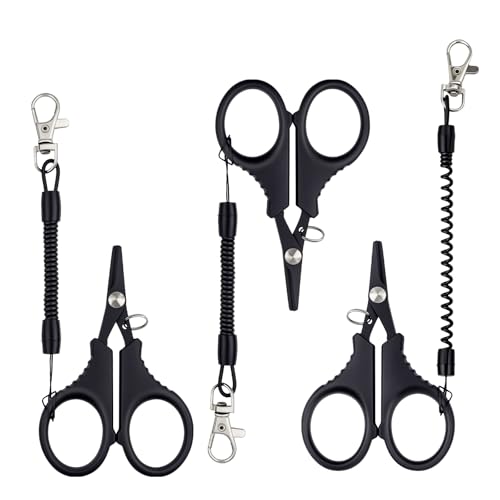 3 PCS Fishing Scissors, Stainless Steel Fishing Line Cutter &braided Line Cutter, Cutters with Titanium Coating-Fishing with Hook and Retractable Coil Lanyards Fishing Accessories (Black) - color: Black