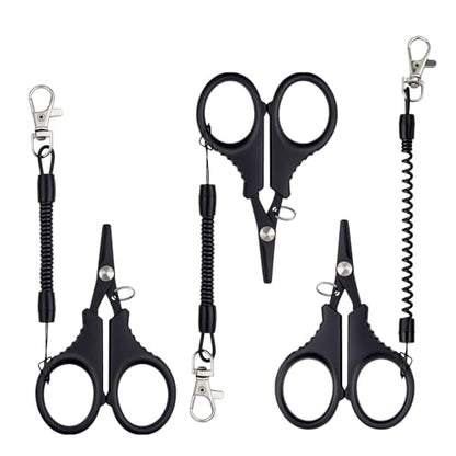 3 PCS Fishing Scissors, Stainless Steel Fishing Line Cutter &braided Line Cutter, Cutters with Titanium Coating-Fishing with Hook and Retractable Coil Lanyards Fishing Accessories (Black) - color: Black