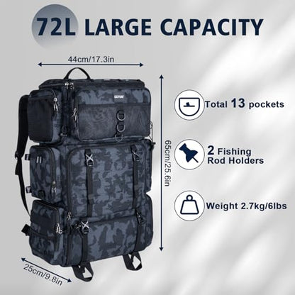 Goture Fishing Backpack with Cooler, 72L 600D Tackle Backpack Included 4 3700 Tackle Boxes, Dry & Wet Split Compartment, Large Fishing Tackle Bag with Rod Holders,Rain Cover for Travel Camping Hiking - color: A2:Camo with 4 3700 Tackle Boxes