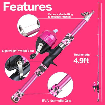 Collapsible Telescopic Fishing Rod and Reel Combo Push Button Small Fishing Pole Kit Beginner Youth Boys Fishing Starter Set Tackle - color: Camo Pink, size: 4.92FT