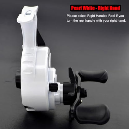 Inline Ice Fishing Reel, Lightweight Graphite Body and Spool, Instant Anti-Reverse, 2.5:1 Gear Ratio, Sensitive Trigger System for One-Handed Operation, Hardwater Fishing for Beginners - color: Pearl White - Right Hand