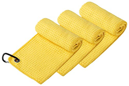 Handy Picks Microfiber Golf Towel (16" X 16") with Carabiner Clip, Waffle Pattern Golf Towel Hook and Loop Fastener - The Convenient Golf Cleaning Towel - color: Yellow