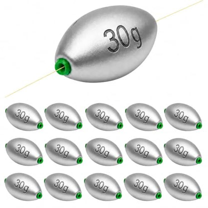 Egg Sinkers Fishing Weights, Oval Slip Sinkers Bullet Lead Fishing Weights for Freshwater Saltwater Tackle Set 1/8oz to 1oz - color: 1oz-30g-15pcs