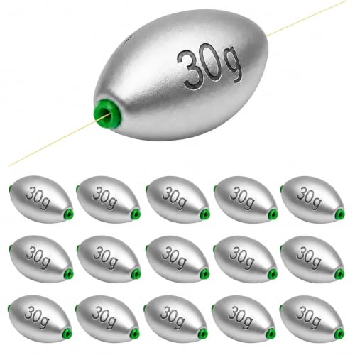 Egg Sinkers Fishing Weights, Oval Slip Sinkers Bullet Lead Fishing Weights for Freshwater Saltwater Tackle Set 1/8oz to 1oz - color: 1oz-30g-15pcs