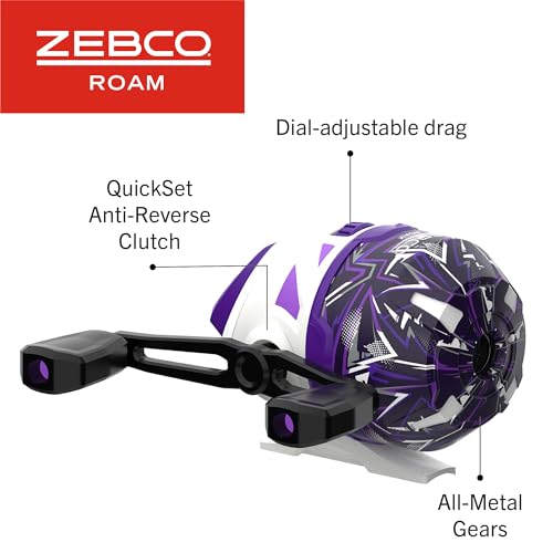 Zebco Roam Spincast Reel and Fishing Rod Combo, 6-Foot 2-Piece Fiberglass Fishing Pole with ComfortGrip Handle, Quickset Anti-Reverse Fishing Reel, Pre-Spooled with 10-Pound Zebco Line - color: Prism Purple