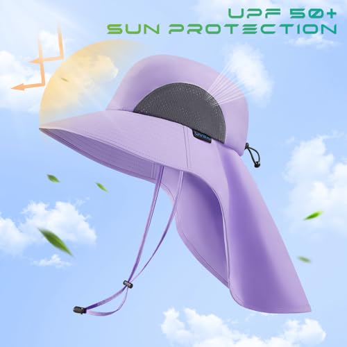 UPF 50+ Foldable Sun Hats Wide Brim with Large Neck Flap for Men Women UV Protection Gardening Fishing Beach Hat - color: Pale Lavender