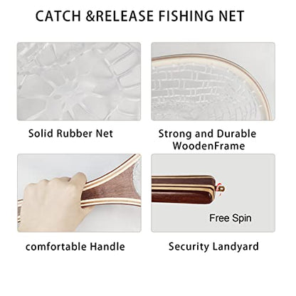 Aventik Fly Fishing Landing Net for Trout Soft Rubber Ghost Mesh Catch and Release Wooden Frame Lightweight and Tangle-Free - style: Longhead&magnet
