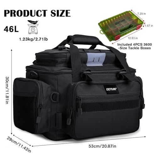 Goture Fishing Tackle Bag with 4pcs 3600 Tackle Boxes, 600D Water-Resistant Soft Side Saltwater Gear Storage Fishing Bag with Rod Straps, Detachable Water Bottle Pouch, Waterproof Bottom, SBS Zippers - color: C2:Black with 4 3600 Tackle Boxes, size: Large