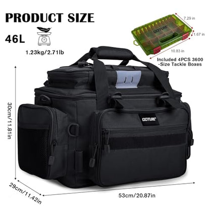 Goture Fishing Tackle Bag with 4pcs 3600 Tackle Boxes, 600D Water-Resistant Soft Side Saltwater Gear Storage Fishing Bag with Rod Straps, Detachable Water Bottle Pouch, Waterproof Bottom, SBS Zippers - color: C2:Black with 4 3600 Tackle Boxes, size: Large