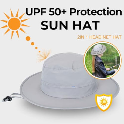 Flammi Mosquito Net Hat Safari Hat UPF 50+ Sun Protection Boonie Hats for Men with Neck Flap Fishing Hiking Hat for Men/Women - color: Light Grey