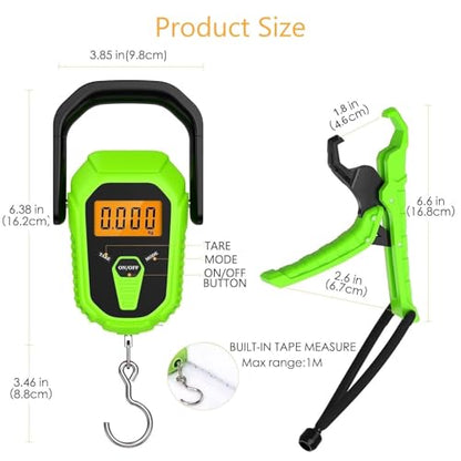 Fish Scale with Lip Gripper, Waterproof Digital Fish Scale, 110lb/50kg Hanging Fish Weight Scale, Portable Luggage Scale with Tape Measure, LCD Backlit, Batteries, for Home Fishing, Green - color: Green