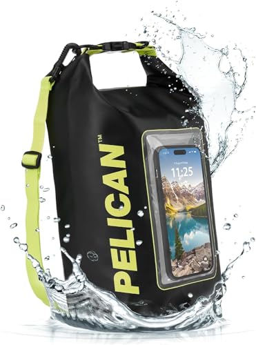 Pelican Marine IP68 Waterproof Dry Bag 5L w/Phone Pouch/Case - Black/Yellow | Roll Top Waterproof Backpack with Touchscreen Phone Pouch - Swimming, Kayaking, Camping, Rafting, Fishing & Travel Essentials - color: Black/Yellow - 5L, size: 5L