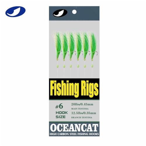 OCEAN CAT Fishing Rigs Saltwater Bait, Feather & Fish Skin 6 String Hooks Fishing Lure Tackle,Red/Green 10 Packs - size: 2#