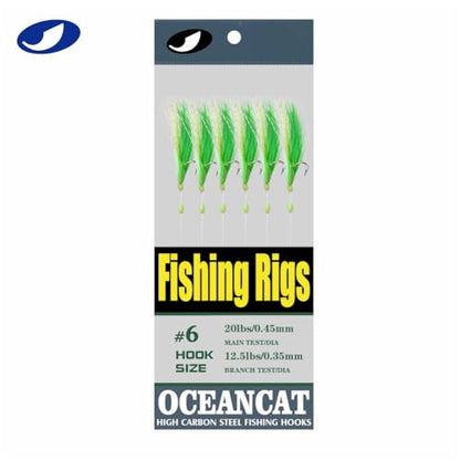 OCEAN CAT Fishing Rigs Saltwater Bait, Feather & Fish Skin 6 String Hooks Fishing Lure Tackle,Red/Green 10 Packs - size: 8#