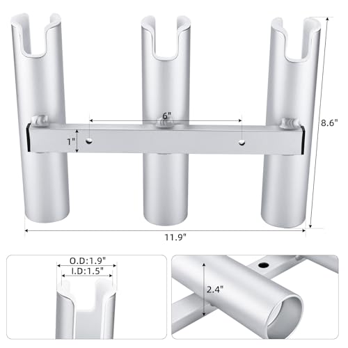 NovelBee 2pcs 3 Tube Fishing Rod Holders for Boat,Aluminium Rod Holders with Screws - color: Silver & White