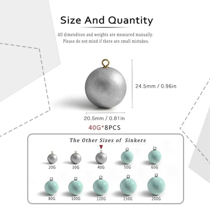 Lead Free Fishing Weights Sinkers 20g-200g Coated Egg Sinkers Cannonball Weights Assorted Sizes Bag and Fishing Weights Assortment Box Non-Lead Fishing Weights Saltwater Freshwater - style: 40g(1.41oz)-8pcs