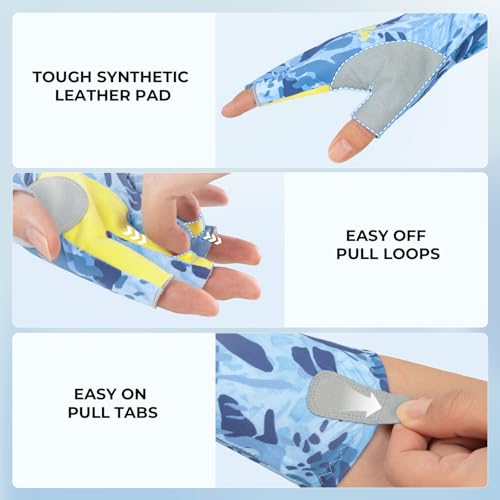 KastKing Agies Fishing Gloves Men, UPF 50+ Sun Gloves UV Protection, Cooling Quick-Dry 3/4 Fingerless Gloves with Extended Cuff, Microfiber Palm & Pull Tabs, for Fishing, Kayaking, Hiking, Hunting - color: X Camo-Blue, size: Small-Medium