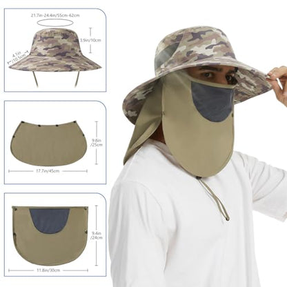 BASSDASH UPF 50+ Breathable Sun Hat with Removable Face Cover and Neck Flap Wide Brim Bucket Hat for Fishing Hiking Men Women - color: Earth Camo/Khaki