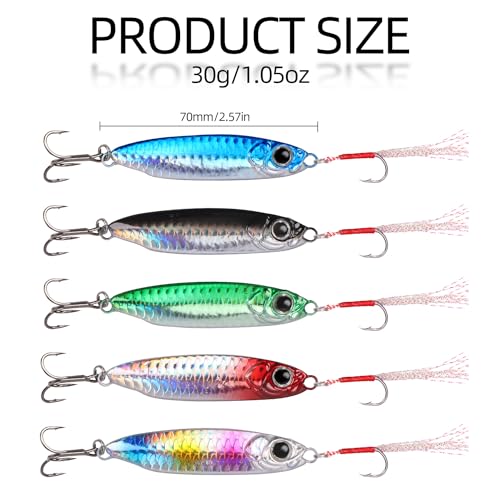 Tripquips Saltwater Jigs Fishing Lures with Ultra-Sharp Hooks, Saltwater Spoon Lure for Tuna Salmon Grouper, Sea Fishing Jigging Lure, Trolling Spoon for Bass Fishing - color: 5PCS-30g/1.06oz