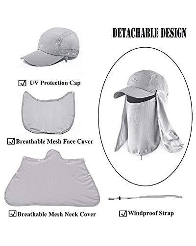 Outdoor Sun Hat for Men Women UPF 50+ Fishing UV Hat with Neck Flap Face Cover for Sun Protection - color: Light Grey-regular Brim