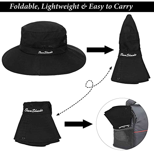Sun Hat for Women Summer UV Protection Beach Hat Wide Brim Mesh Bucket Fishing Hat with Ponytail Hole Foldable Packable Hat - color: Black(with Ponytail Hole)
