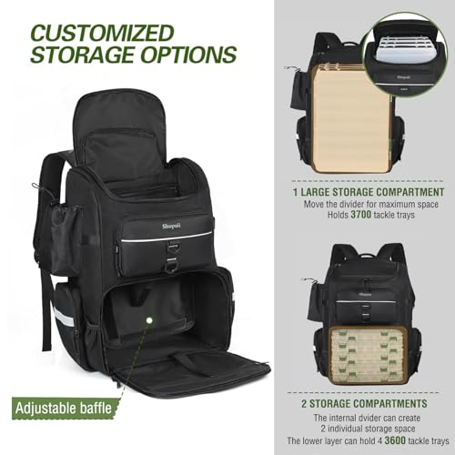 Fishing Backpack with Rod Holder | Large, Water Resistant, Tackle Storage Bag, Fishing Gear, Gifts for Men - color: Black