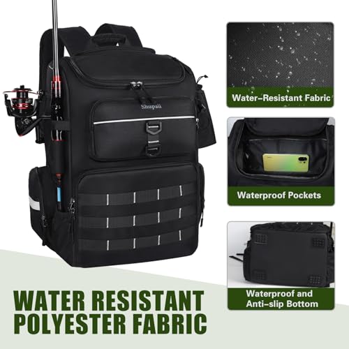 Fishing Backpack with Rod Holder | Large, Water Resistant, Tackle Storage Bag, Fishing Gear, Gifts for Men - color: Black
