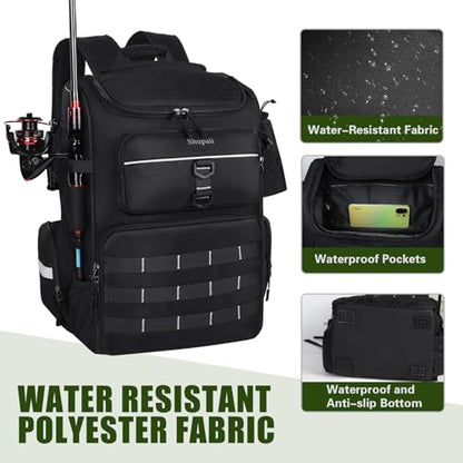 Fishing Backpack with Rod Holder | Large, Water Resistant, Tackle Storage Bag, Fishing Gear, Gifts for Men - color: Black