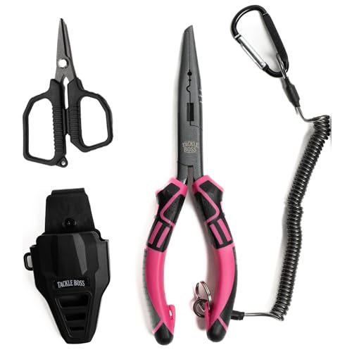 Tackle Boss Outlaw Fishing Pliers & Tool Set – 7.5" Stainless Steel Fishing Pliers, Braid Scissors, Hook Remover & Line Cutter with Holster and Lanyard, Freshwater & Saltwater Fishing Gear - color: Pink