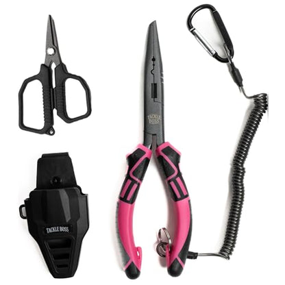 Tackle Boss Outlaw Fishing Pliers & Tool Set – 7.5" Stainless Steel Fishing Pliers, Braid Scissors, Hook Remover & Line Cutter with Holster and Lanyard, Freshwater & Saltwater Fishing Gear - color: Pink