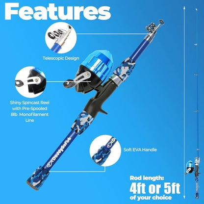 DaddyGoFish Kids Fishing Pole - Rod Reel Combo Tackle Box Starter Set - First Year Small Gear Kit for Boys Girls Toddler Youth Age Beginner Little Children - color: 2 Pack- Blue + Pink (Essential Set), size: 5ft