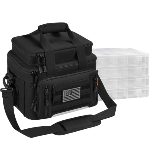 Fishing Tackle Bags with 4 * 3600 Tackle Trays - Saltwater & Freshwater Fishing Gear Bag Padded Shoulder Strap Tackle Box Bag (Black) - color: Black, style: Includes Trays